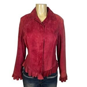 Cache Red Goat Suede Ruffle Trim‎ Jacket Womens Size M Button Front Blazer Berry